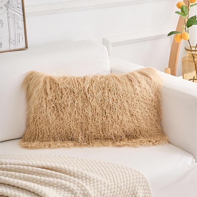 Genuine Mongolian Lamb Fur Pillow Cover – 12"x20" Rectangular Cushion Case – - Image 2
