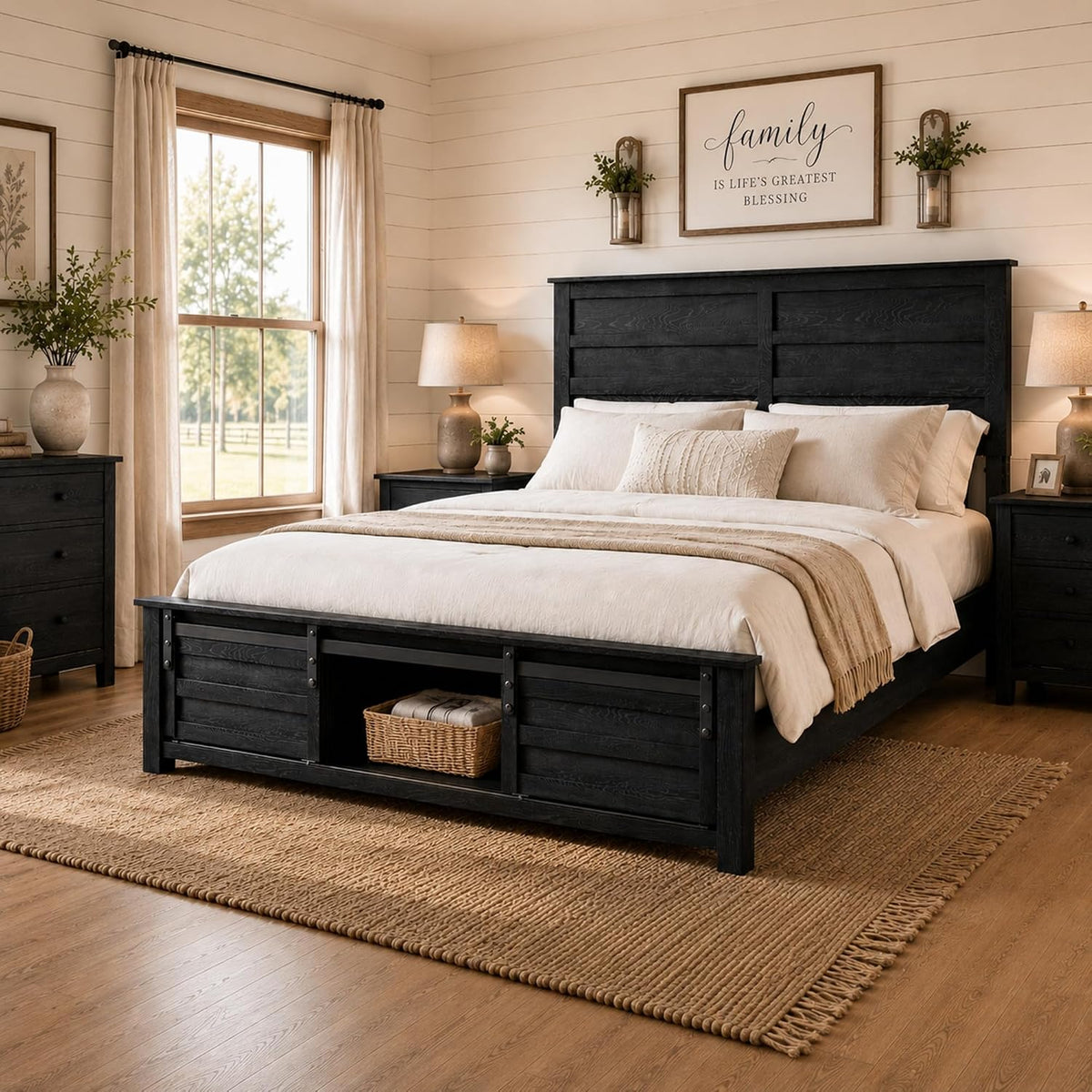 queen size wooden bed frame with headboard and, close-up detail