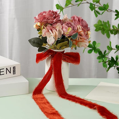 Rust Red Silk Velvet Ribbon 1.5 Inch Frayed Edge Ribbon Rustic Style Fringe - Image 3