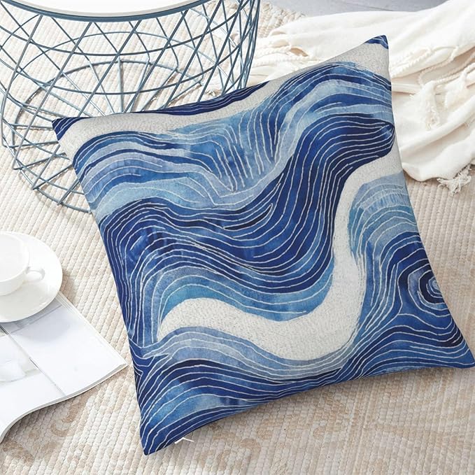 Dark Blue Navy and White Waved Pillow Covers 18x18 Inch Decorative Modern - Image 6