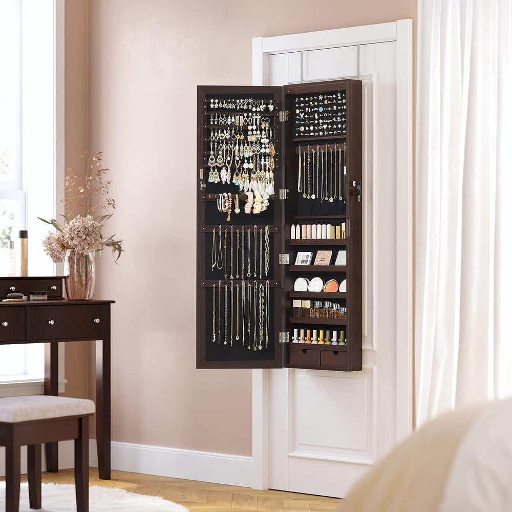 SONGMICS 6 LEDs Mirror Jewelry Cabinet, 47.2-Inch Tall, Lockable