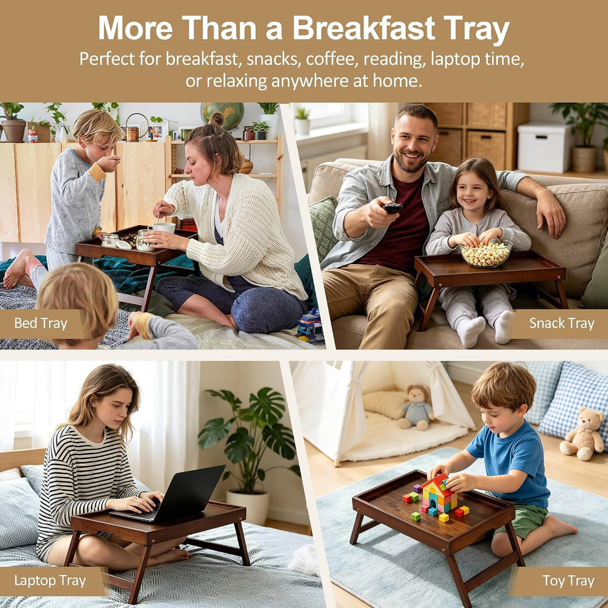 bamboo breakfast trays with folding legs, medium, 2-pack showing dimensions