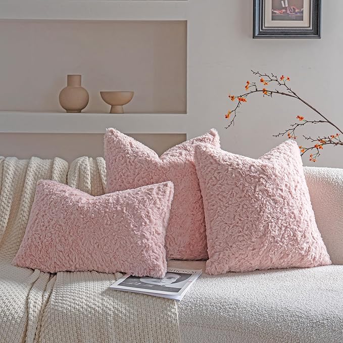 Neelvin Set of 2 Faux Fur Throw Pillow Covers 18x18 Inch Pink Cozy Soft Solid - Image 3