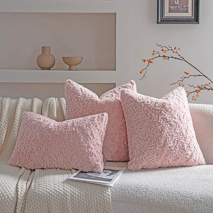 Neelvin Set of 2 Faux Fur Throw Pillow Covers 18x18 Inch Pink Cozy Soft Solid - Image 3