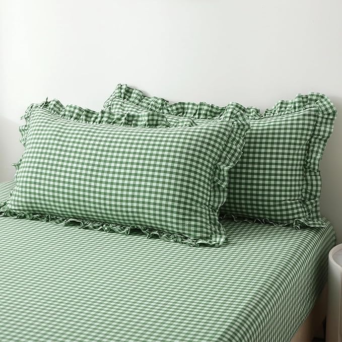 2 Pack Christmas Green White Plaid Ruffle Gingham Pillow Shams Standard Size - Image 3