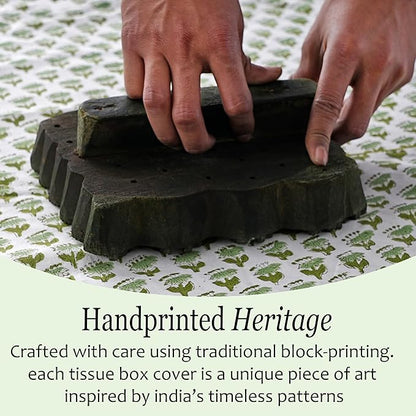 CPC Emerald Green Hand Block Printed Cotton Tissue Box Cover 5" x 5" x 5.5" - Image 6