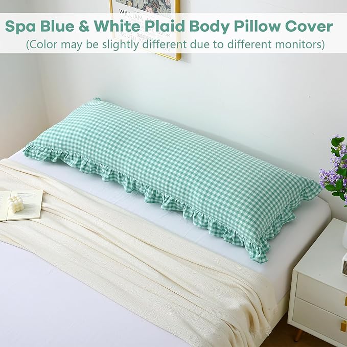 Spa Blue White Plaid Ruffle Gingham Bedding Body Pillow Cover, 100% Washed - Image 2