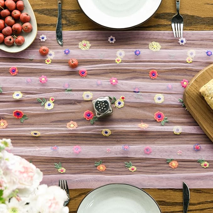 Artoid Mode Pink Embroidery Daisy Gauze Table Runner 120 Inch 10FT, Seasonal - Image 2