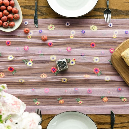 Artoid Mode Pink Embroidery Daisy Gauze Table Runner 120 Inch 10FT, Seasonal - Image 2