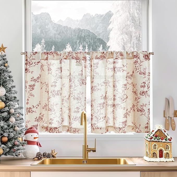 jinchan Floral Kitchen Curtains 24 Inch Christmas Decor Linen Tier Curtains by JINCHAN