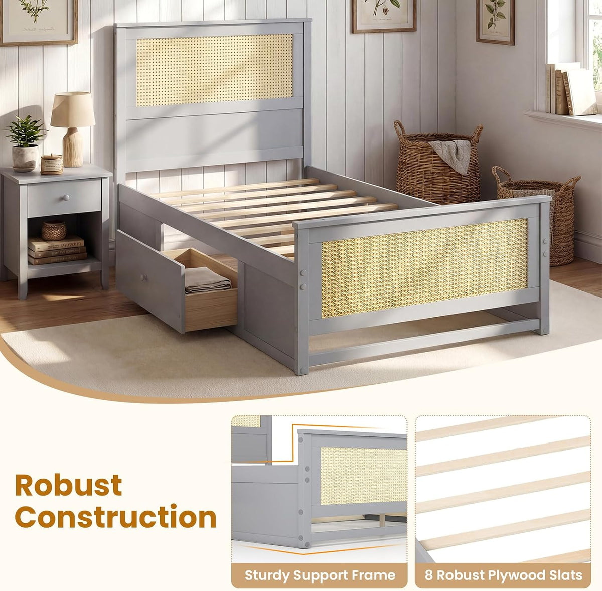 komfott twin rattan bed frame with 2 storage on a desk or shelf