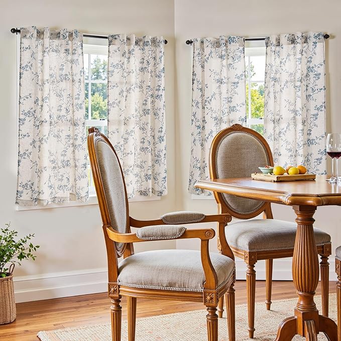 jinchan Floral Kitchen Curtains 45 Inch Linen Tier Curtains Farmhouse Cafe Half - Image 2