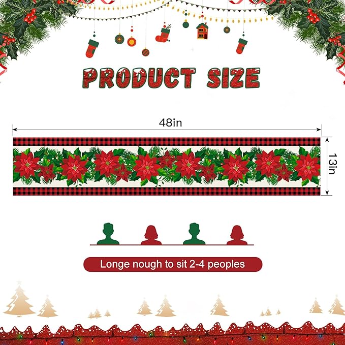 OTOSTAR Black and Red Buffalo Check Plaid Holly Christmas Flowers Table Runner - Image 5