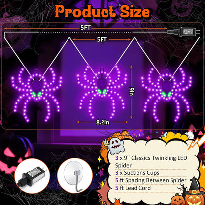 3 Pack 9" Halloween Classics Twinkling LED Spiders, Hi-Vibrant Aluminum Frame Spiders Window Silhouette Lights, 234 Purple and 12 Green LED Lights, Holiday Indoor Outdoor Decoration