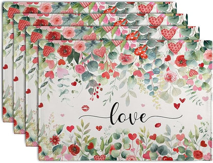Valentines Day Love Heart Rose Placemats Set of 4 Valentine Eucalyptus Leaves by Wnoesat