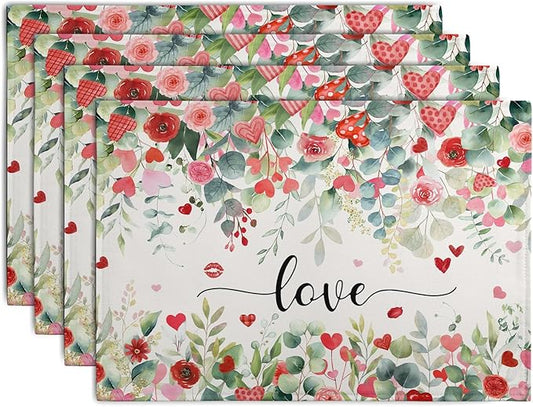 Valentines Day Love Heart Rose Placemats Set of 4 Valentine Eucalyptus Leaves by Wnoesat