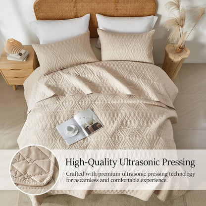akkialla full/queen size quilt bedding set,beige lightweight microfiber showing dimensions