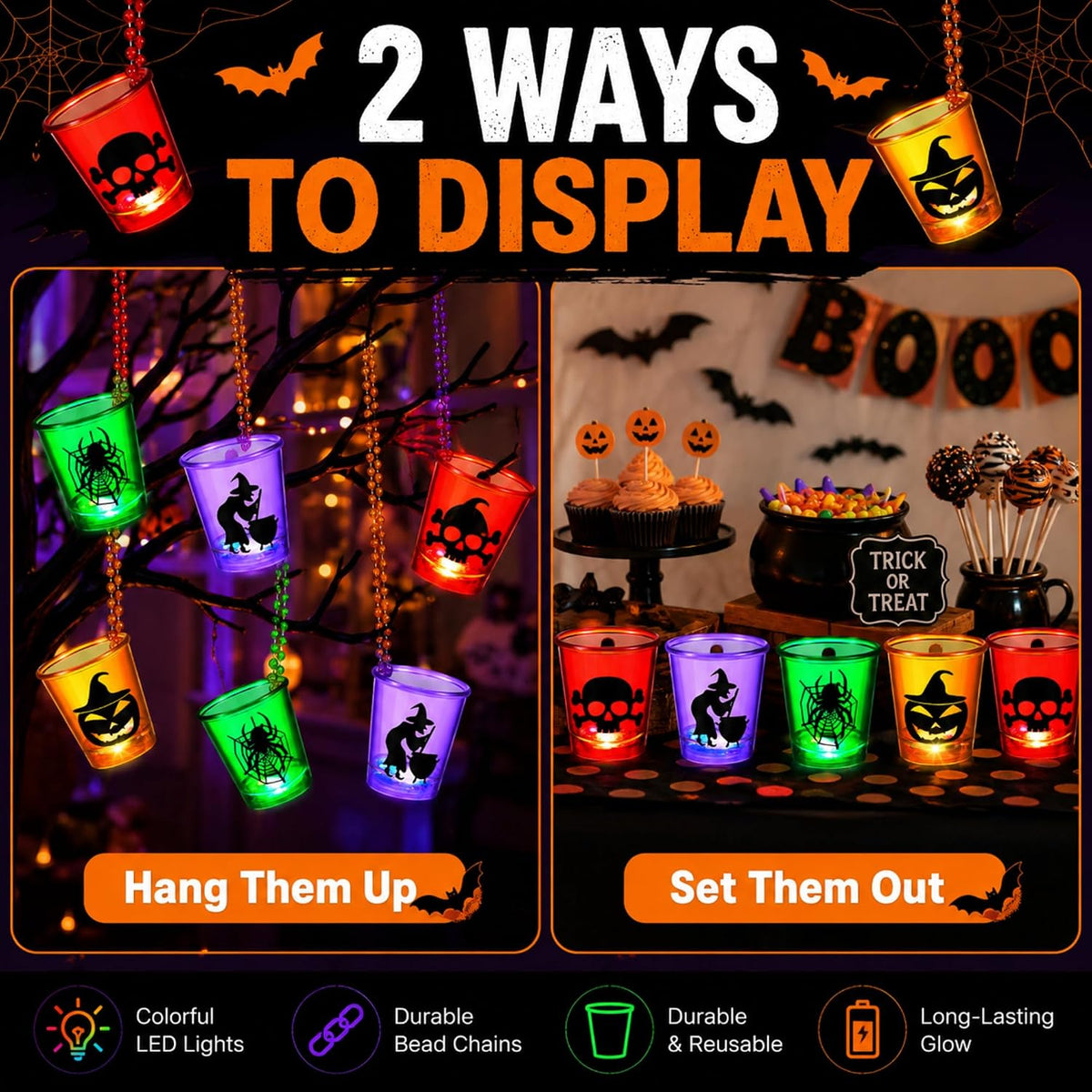 Henoyso 24 Pcs Halloween Shot Glass on Beaded Necklace Skull Plastic Shot Glasses Ghost Cups Assorted Glass Necklaces Bulk for Halloween Party Favors Decorations Supplies (Stylish Style)