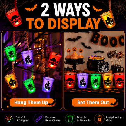 Henoyso 24 Pcs Halloween Shot Glass on Beaded Necklace Skull Plastic Shot Glasses Ghost Cups Assorted Glass Necklaces Bulk for Halloween Party Favors Decorations Supplies (Stylish Style)