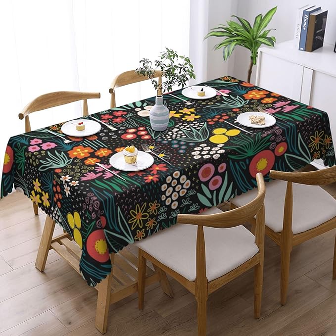 Colorful Flowers Tablecloth Floral Flower Field Black Meadow Herbs Leaves Table - Image 2