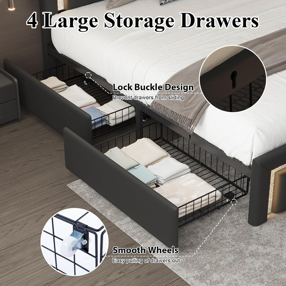 Full Bed Frame with Charging Station, Storage Drawers, Upholstered Black