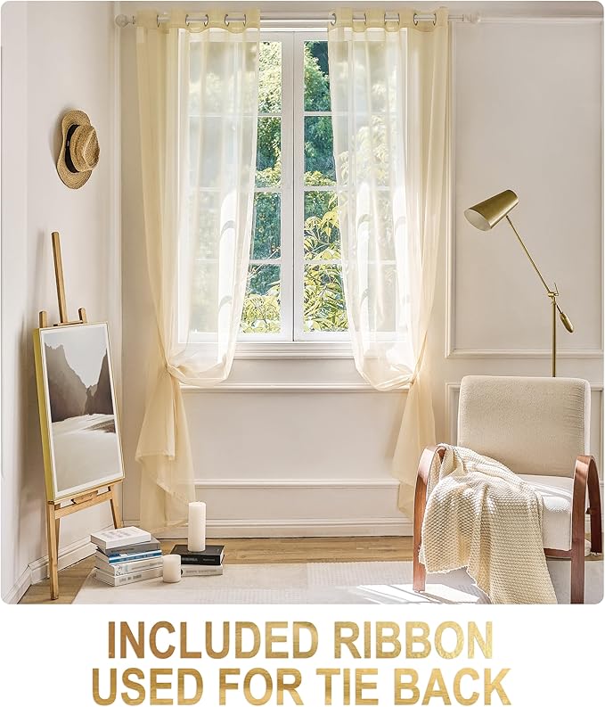 Foil Stripe Beige Sheer Curtains 84 inches Length 2 Panels - Image 3
