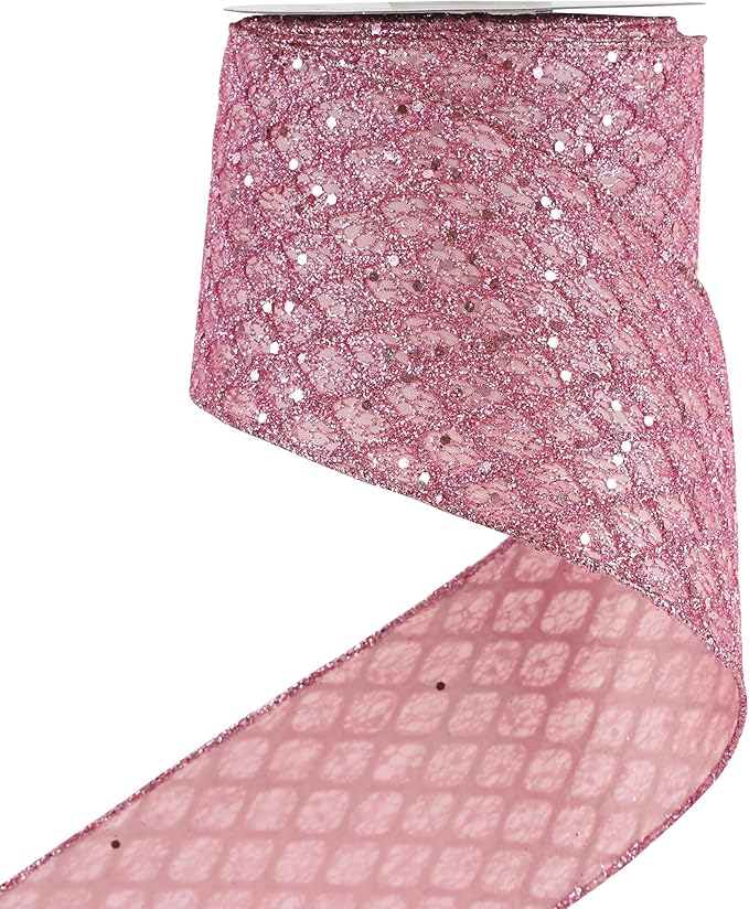 HUIHUANG Pink Wired Christmas Ribbon 4 inch Light Pink Glitter Wired Ribbon by HUIHUANG