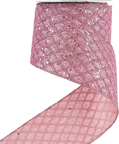 HUIHUANG Pink Wired Christmas Ribbon 4 inch Light Pink Glitter Wired Ribbon by HUIHUANG