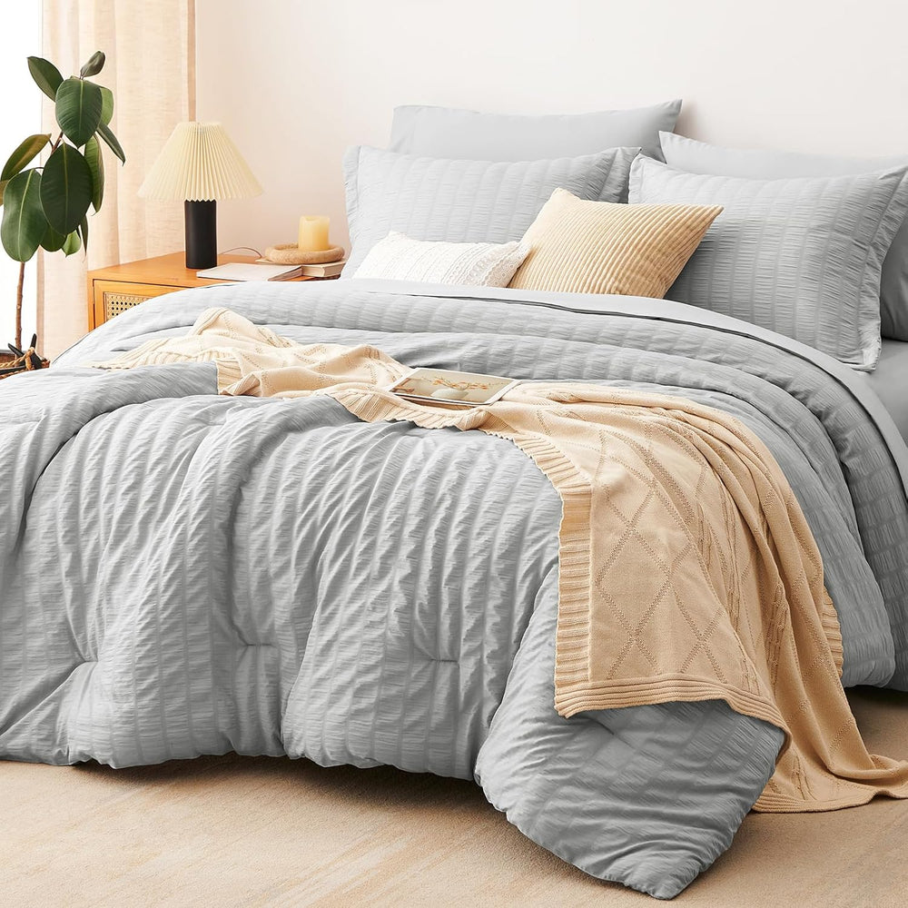 CozyLux Queen Comforter Set, 7 Pieces Light Grey Seersucker Bed in a Bag