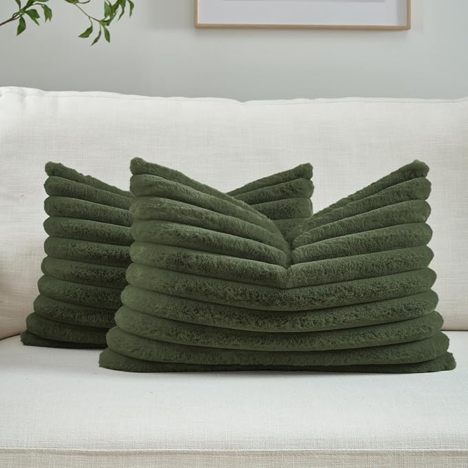 FUTEI Olive Green Throw Pillow Covers Set of 2, 12x20 Inch Striped Texture by FUTEI