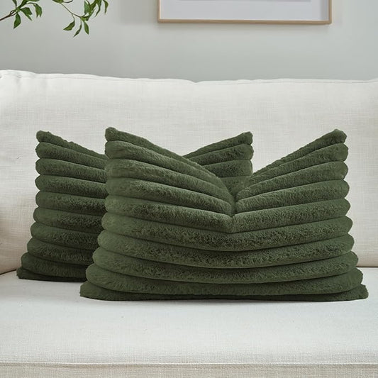 FUTEI Olive Green Throw Pillow Covers Set of 2, 12x20 Inch Striped Texture by FUTEI