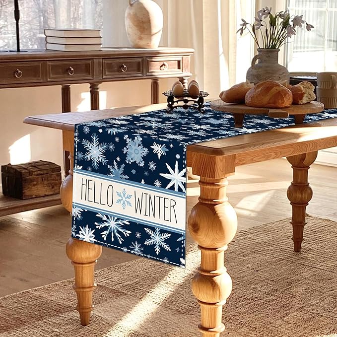 Christmas Table Runner 13x72 Inch Blue White Snowflakes Hello Winter Kitchen - Image 4