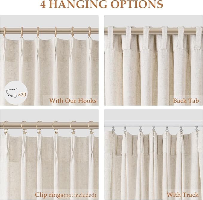 Natural Pinch Pleat Linen Curtains 108 Inch Length 2 Panels Set - Image 2