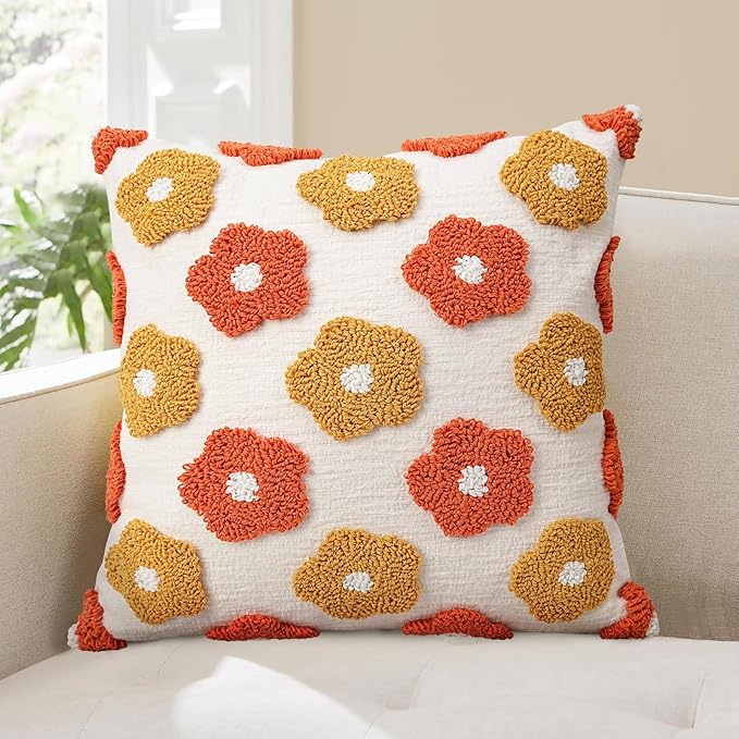 Adabana Chenille Flower Throw Pillow Cover 18x18 Boho Decorative Tufted Pillows by Adabana