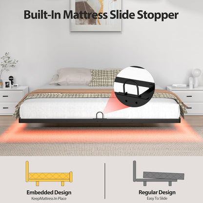 floating bed frame with smart led lights metal showing dimensions