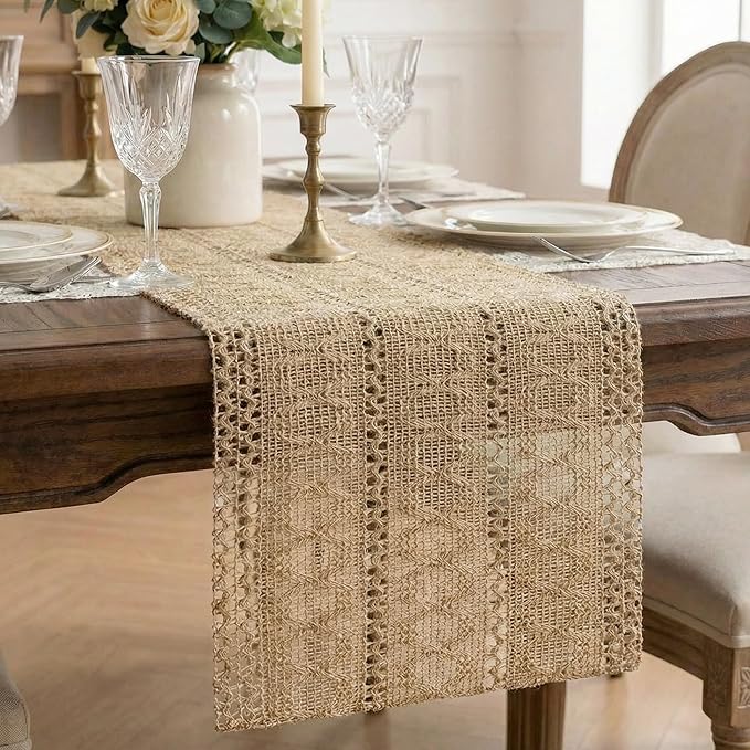 Burlap Boho Table Runner Farmhouse Rustic Jute Macrame Woven Dining Table Runner by Xiomot