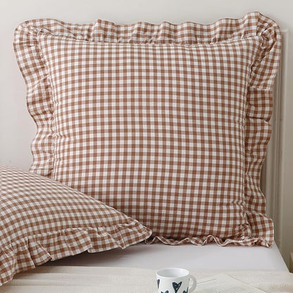 Aryeleay 2 Pack Khaki White Plaid Gingham Ruffle Pillow Shams, 100% Washed by Aryeleay