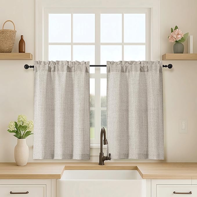OVZME 2 Panels Kitchen Curtains 36 Inch Length, Faux Linen Textured Small Cafe by OVZME