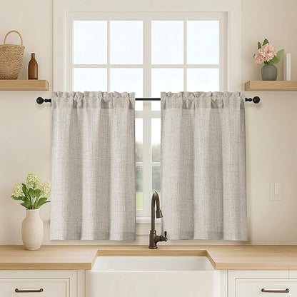 OVZME 2 Panels Kitchen Curtains 36 Inch Length, Faux Linen Textured Small Cafe by OVZME