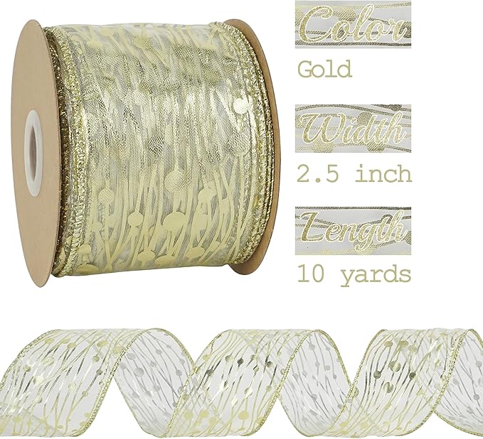 MEEDEE Gold Wired Ribbon 2.5 Inch Sheer Wired Christmas Ribbon - Image 2