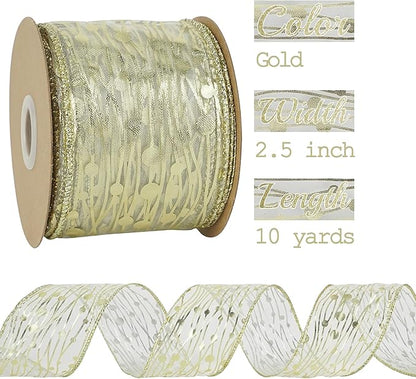 MEEDEE Gold Wired Ribbon 2.5 Inch Sheer Wired Christmas Ribbon - Image 2