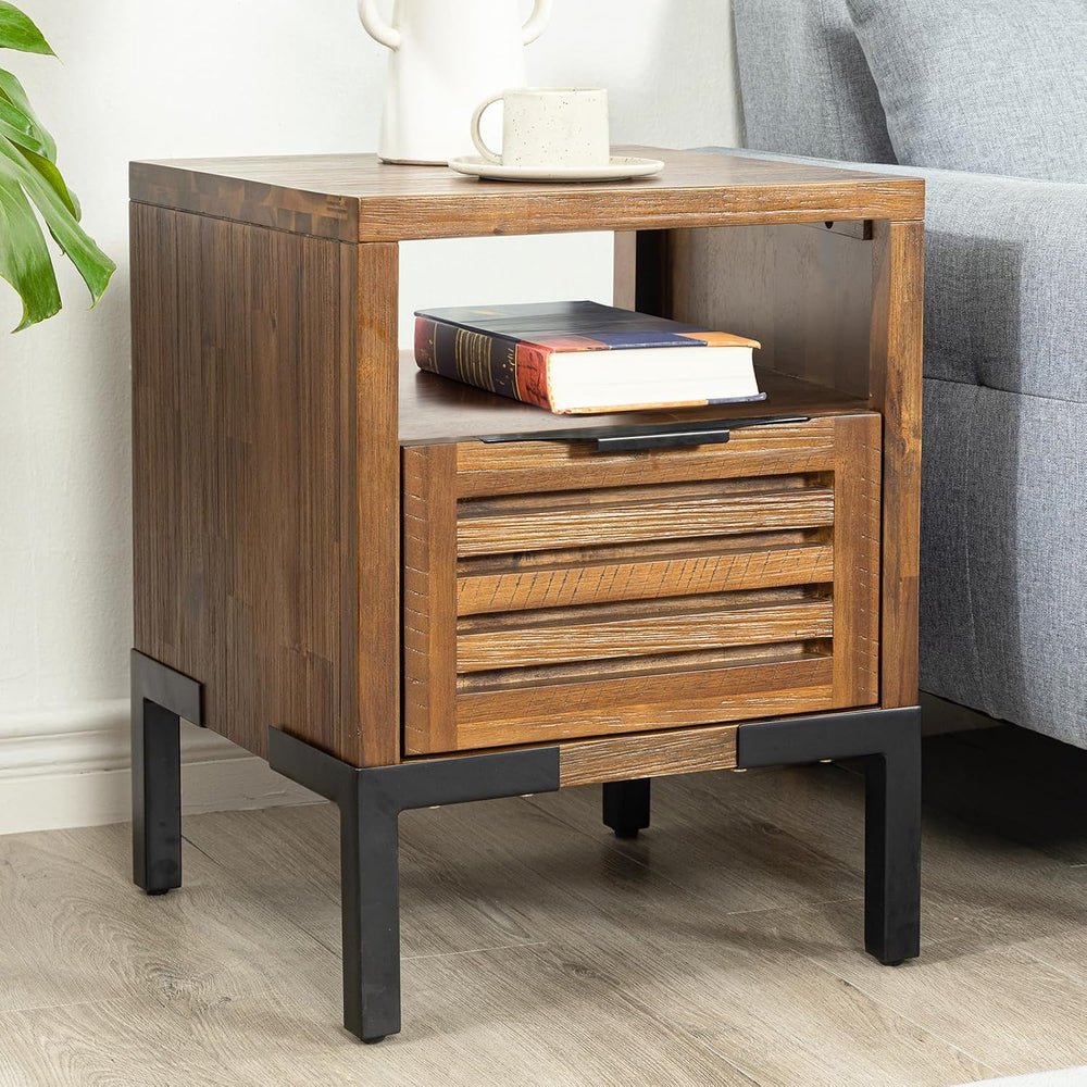 Bme Millie Solid Acacia Wood Rustic Nightstand with Drawers & Open Shelf,...