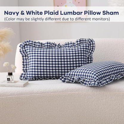 2 Pack Navy Blue Plaid Ruffle Gingham Lumbar Pillow Shams, 100% Washed Cotton - Image 2