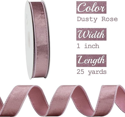 MEEDEE Dusty Rose Velvet 1 Inch Pink Wired Ribbon 25 Yards Crushed Velvet - Image 2