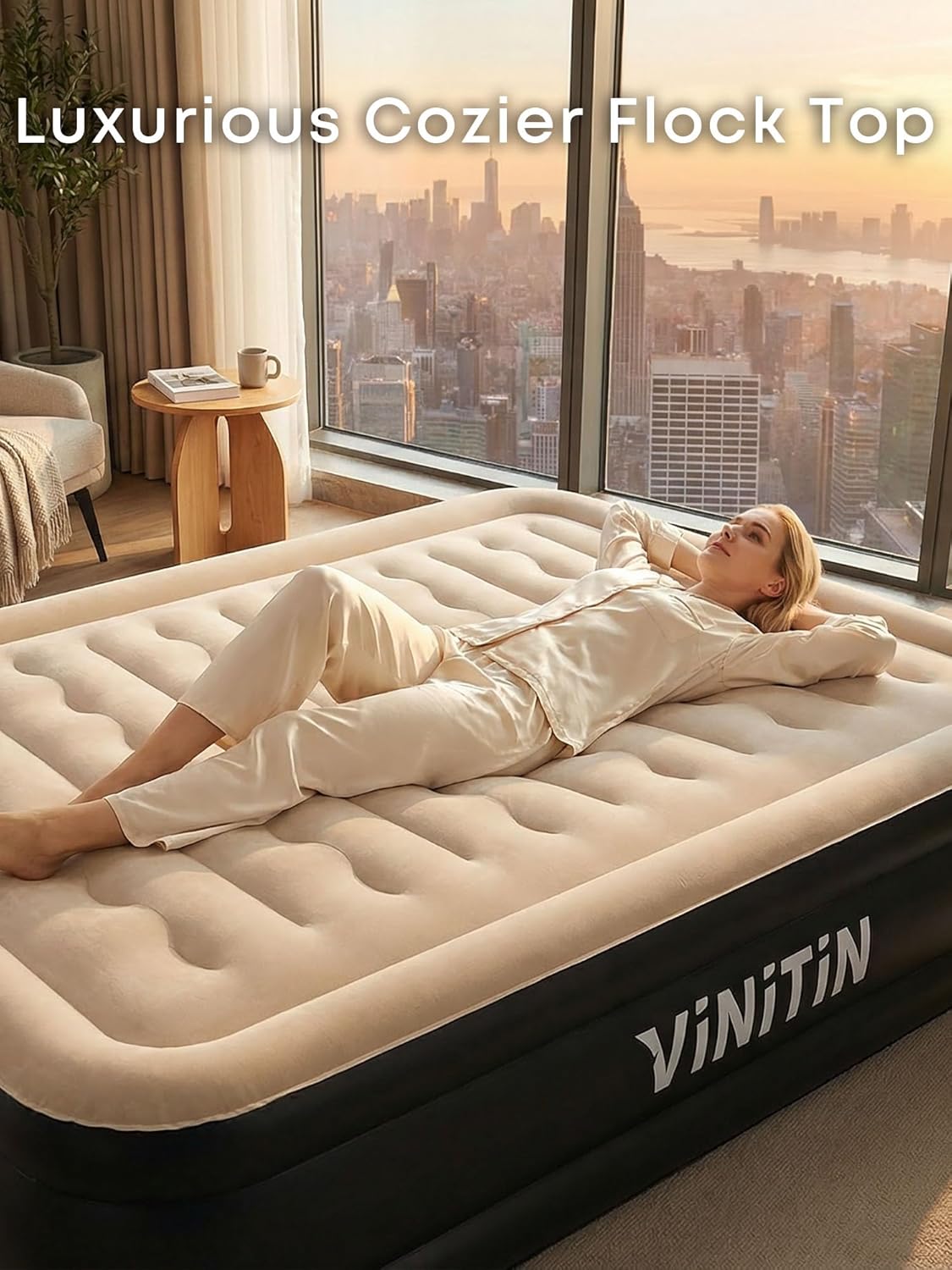 queen air mattress with built-in pump, 16" elevated, close-up detail