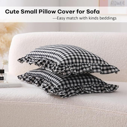 2 Pack Black White Plaid Ruffle Gingham Lumbar Pillow Shams, 100% Washed Cotton - Image 3