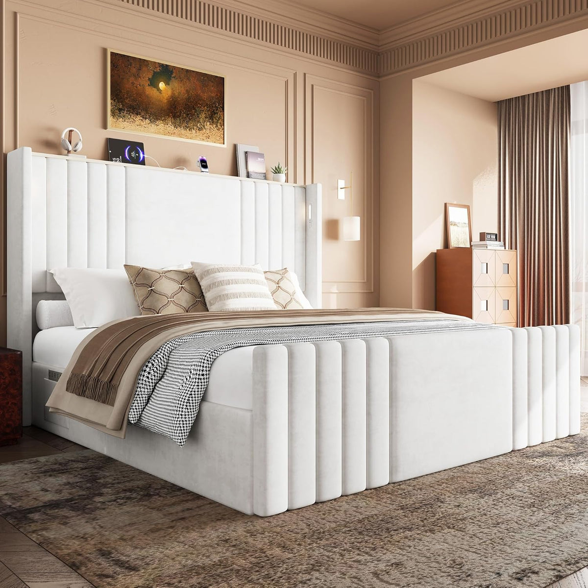 55" tall queen size platform bed frame with, main product view
