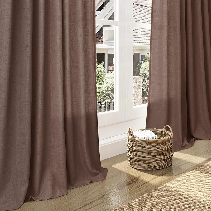 Mocha Mousse Linen Textured Semi Sheer Curtains 96 Inch Long 2 Panel Set Back - Image 6