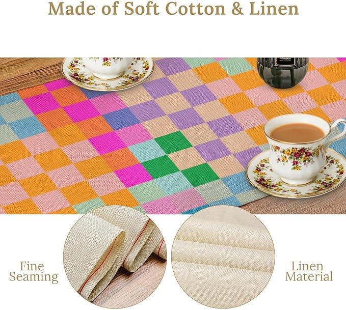 Retro Checkered Table Runner, Bright Rainbow Colorful Modern Groovy Aesthetic - Image 4