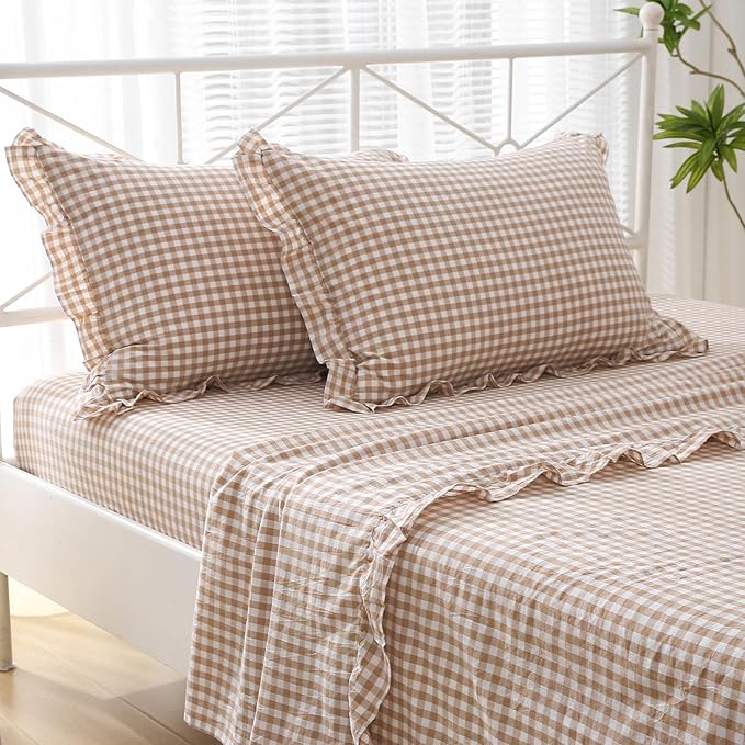 2 Pack Taupe White Plaid Ruffle Gingham King Size Pillow Shams, 100% Yarn-Dyed - Image 2